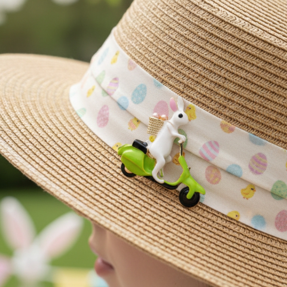 Charming Bunny Brooch on Green Scooter
